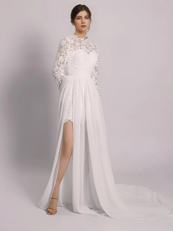 Robe de Mariée Simple Robe de mariée 2 Pièces Ivoire manches longues col roulé en tulle Robes de mariée