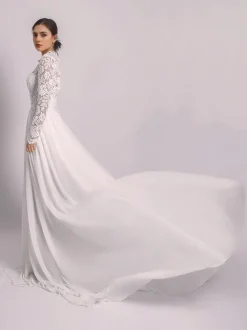 Robe de Mariée Simple Robe de mariée 2 Pièces Ivoire manches longues col roulé en tulle Robes de mariée