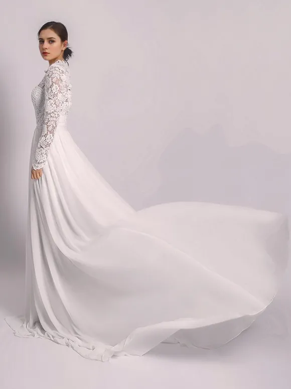 Robe de Mariée Simple Robe de mariée 2 Pièces Ivoire manches longues col roulé en tulle Robes de mariée