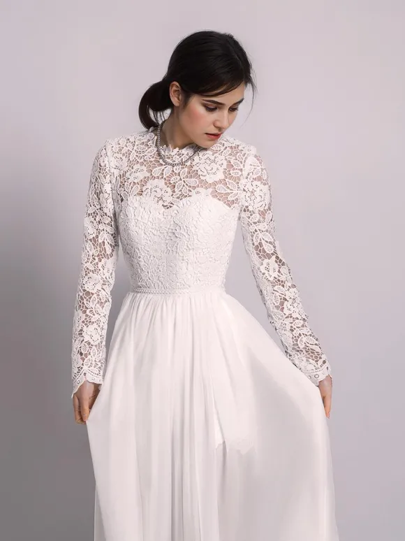 Robe de Mariée Simple Robe de mariée 2 Pièces Ivoire manches longues col roulé en tulle Robes de mariée