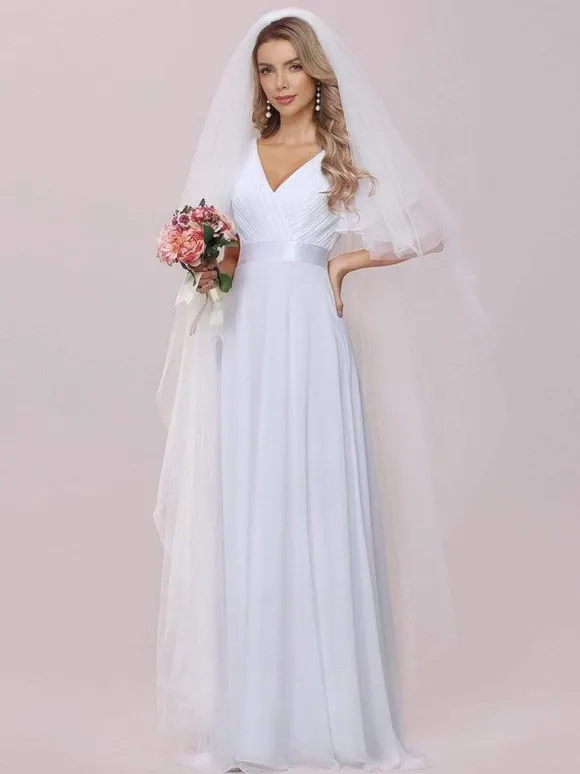 Robe de mariée simple robe de soirée de mariage col V manche courte au sol