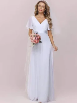 Robe de mariée simple robe de soirée de mariage col V manche courte au sol