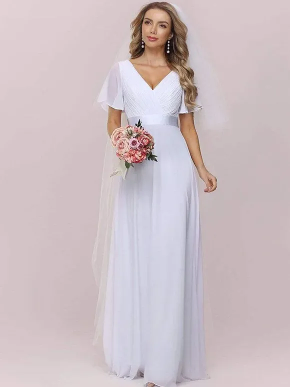 Robe de mariée simple robe de soirée de mariage col V manche courte au sol