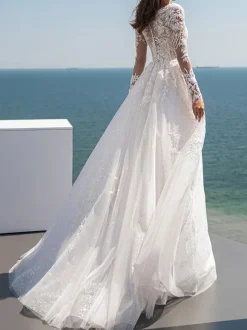 Robe de mariée simple robe mariage col V manche longue à traîne