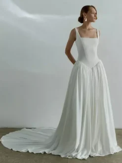 Robe de mariée simple taille basque robe de bal col carré sans manches 50 cm robes de mariée