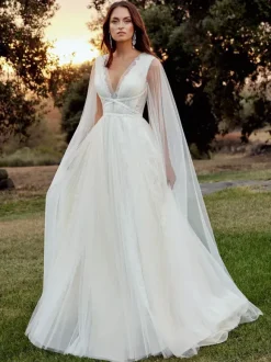 Robe de mariée simple trapèze  col en V  sans manches  ceinture  robes de mariée