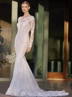 Robe de mariée sirène décolleté illusion manches longues taille naturelle dentelle avec traîne