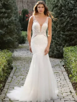 Robe de mariée sirène en dentelle sans manche dos nu à traîne