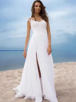 Robe de mariée trapèze blanche ivorie jupe fendu robe de mariage