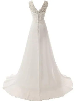 Robe de mariée trapèze col V boutonné sur dos à traîne