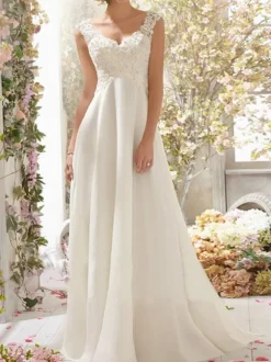 Robe de mariée trapèze col V boutonné sur dos à traîne