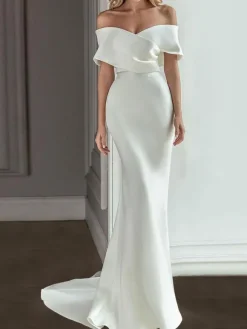 Robe de mariée vintage charleston ivoire en satin col bateau jupe sirène à traîne robe de mariage rétro