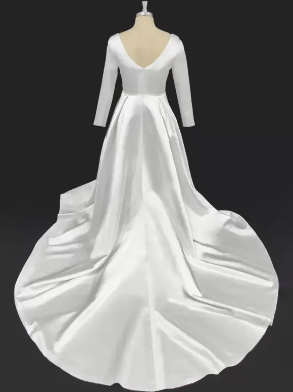 Robe de mariée vintage col carré manche longue à traîne