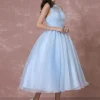 Robe de Mariée Vintage Courte en Tulle robe de mariée bleu dos nu robe de Cocktail longueur mollet robe de fête Milanoo