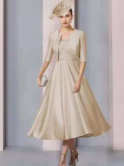 Robe de mère col bijou demi manches a-ligne dentelle longueur thé robes d'invité de mariage