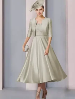 Robe de mère col bijou demi manches a-ligne dentelle longueur thé robes d'invité de mariage