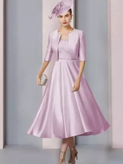 Robe de mère col bijou demi manches a-ligne dentelle longueur thé robes d'invité de mariage