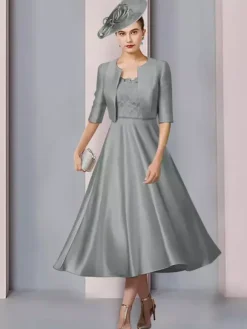 Robe de mère col bijou demi manches a-ligne dentelle longueur thé robes d'invité de mariage