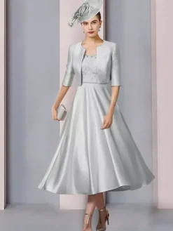 Robe de mère col bijou demi manches a-ligne dentelle longueur thé robes d'invité de mariage