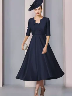 Robe de mère col bijou demi manches a-ligne dentelle longueur thé robes d'invité de mariage
