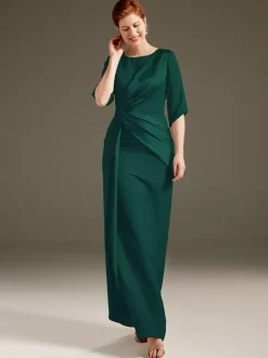 Robe de mère à col bijou manches courtes gaine plissée robes d'invitées de mariage