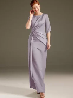 Robe de mère à col bijou manches courtes gaine plissée robes d'invitées de mariage