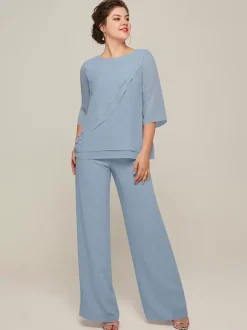 Robe de mère à col bijou manches 3/4 deux pièces à volants longueur au sol robes d'invitées pour mariage