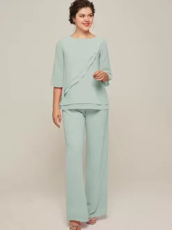 Robe de mère à col bijou manches 3/4 deux pièces à volants longueur au sol robes d'invitées pour mariage