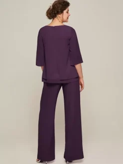 Robe de mère à col bijou manches 3/4 deux pièces à volants longueur au sol robes d'invitées pour mariage