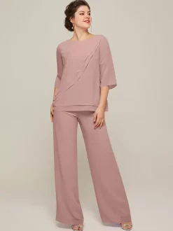 Robe de mère à col bijou manches 3/4 deux pièces à volants longueur au sol robes d'invitées pour mariage