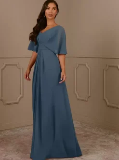 Robe de mère col en V manches courtes ligne a plissée robes d'invitées de mariage