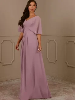 Robe de mère col en V manches courtes ligne a plissée robes d'invitées de mariage