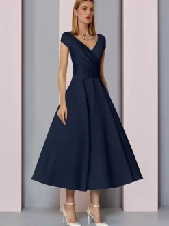 Robe de mère col en V manches courtes robes d'invitées de mariage trapèze