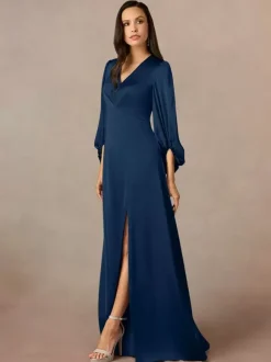 Robe de mère col en V manches 3/4 ligne a plissée longueur au sol robes d'invitées de mariage