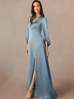Robe de mère col en V manches 3/4 ligne a plissée longueur au sol robes d'invitées de mariage