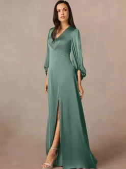 Robe de mère col en V manches 3/4 ligne a plissée longueur au sol robes d'invitées de mariage