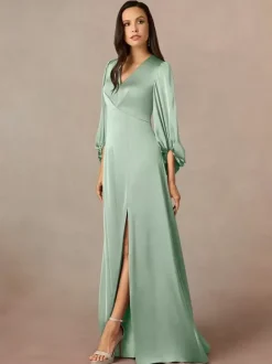 Robe de mère col en V manches 3/4 ligne a plissée longueur au sol robes d'invitées de mariage