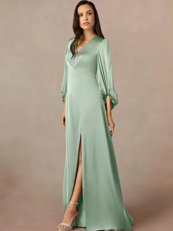 Robe de mère col en V manches 3/4 ligne a plissée longueur au sol robes d'invitées de mariage
