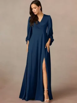 Robe de mère col en V manches 3/4 ligne a plissée longueur au sol robes d'invitées de mariage