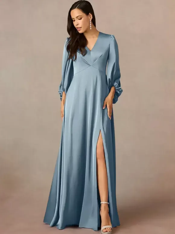 Robe de mère col en V manches 3/4 ligne a plissée longueur au sol robes d'invitées de mariage