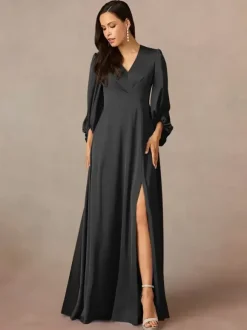 Robe de mère col en V manches 3/4 ligne a plissée longueur au sol robes d'invitées de mariage