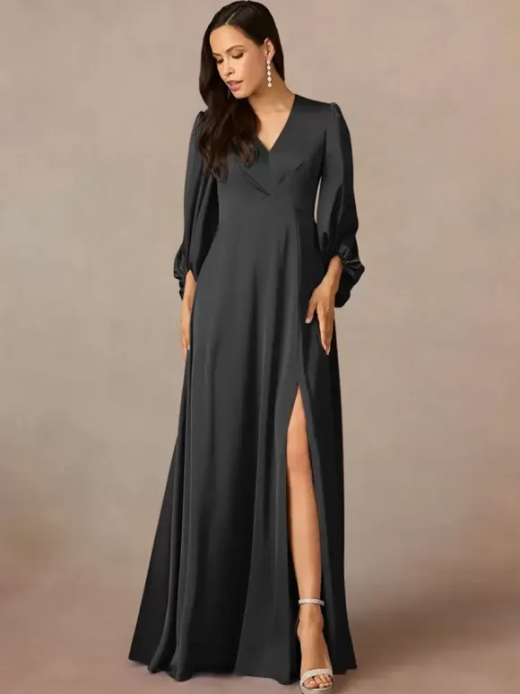 Robe de mère col en V manches 3/4 ligne a plissée longueur au sol robes d'invitées de mariage