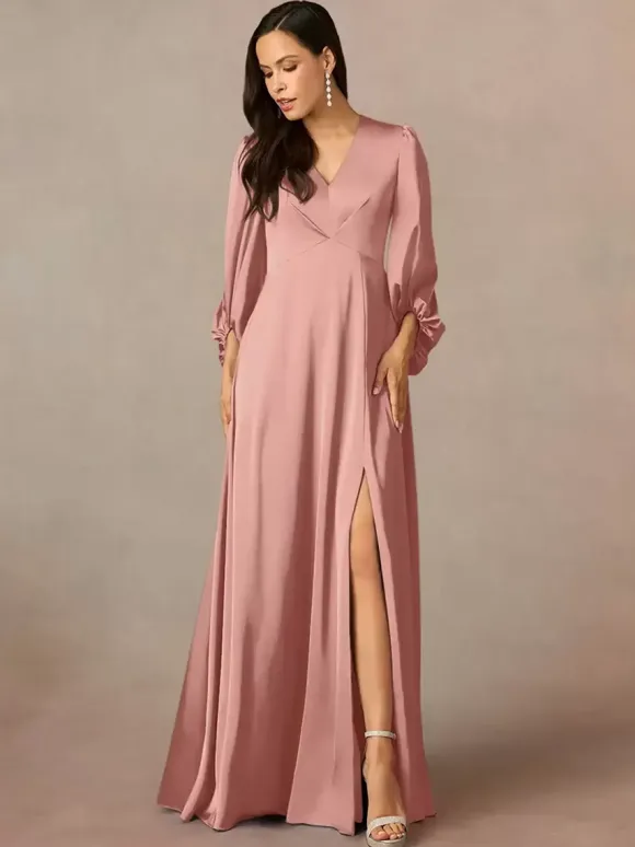 Robe de mère col en V manches 3/4 ligne a plissée longueur au sol robes d'invitées de mariage
