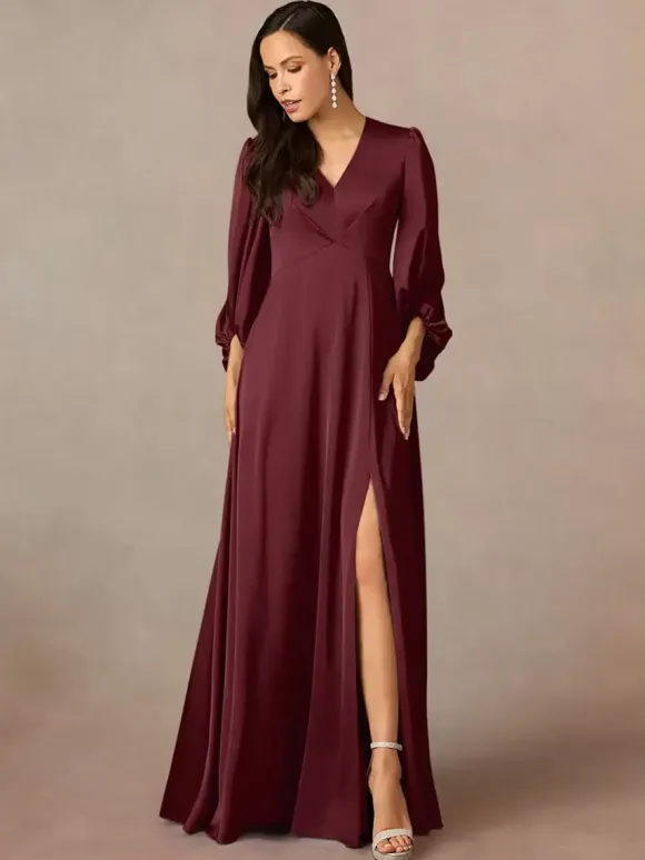 Robe de mère col en V manches 3/4 ligne a plissée longueur au sol robes d'invitées de mariage