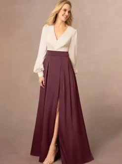 Robe de mère col en V manches longues ligne a fendue sur le devant robes d'invitées de mariage