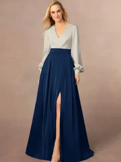 Robe de mère col en V manches longues ligne a fendue sur le devant robes d'invitées de mariage