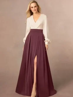 Robe de mère col en V manches longues ligne a fendue sur le devant robes d'invitées de mariage