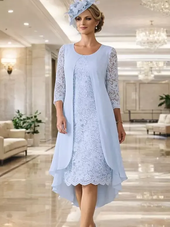 Robe de mère col rond manches 3/4 coupe trapèze dentelle robe d'invitée pour mariage