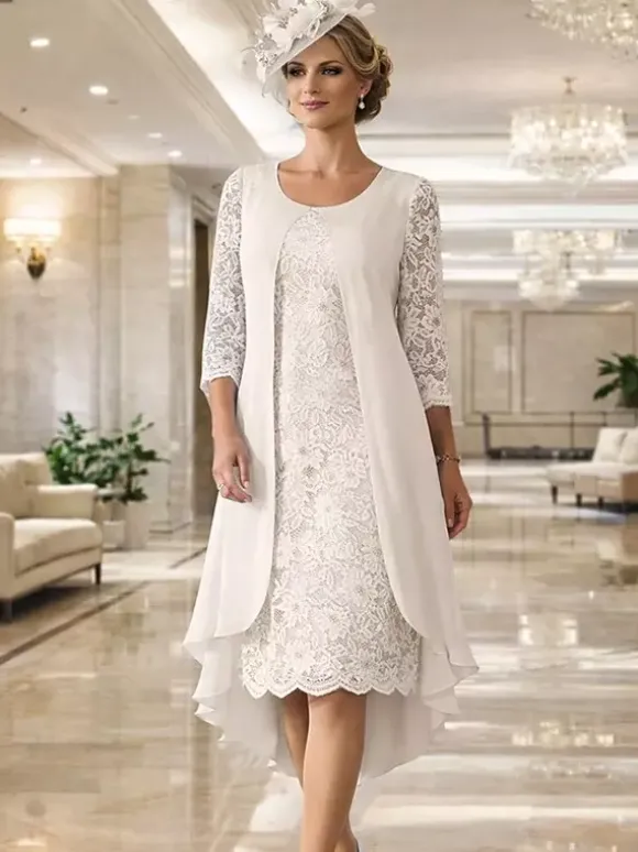 Robe de mère col rond manches 3/4 coupe trapèze dentelle robe d'invitée pour mariage