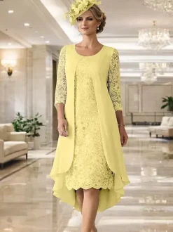 Robe de mère col rond manches 3/4 coupe trapèze dentelle robe d'invitée pour mariage